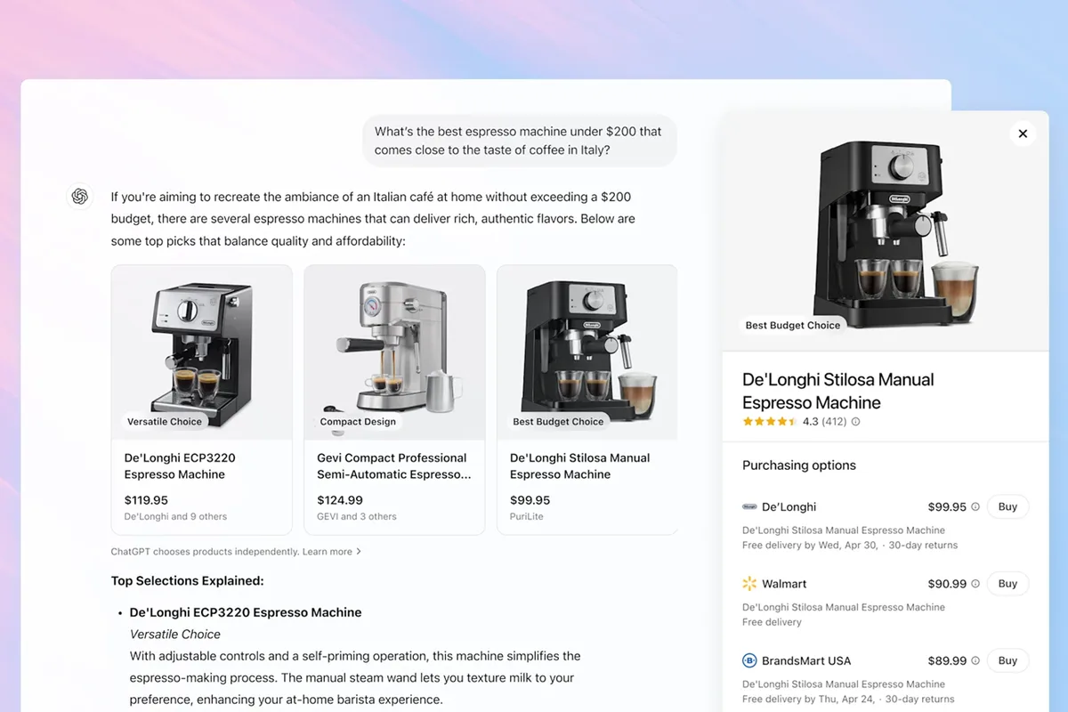 ChatGPT shopping answer for an espresso machine query, showing three product cards with prices and labels like Best Budget Choice, plus a purchasing options panel listing merchants with ratings, delivery, and Buy buttons